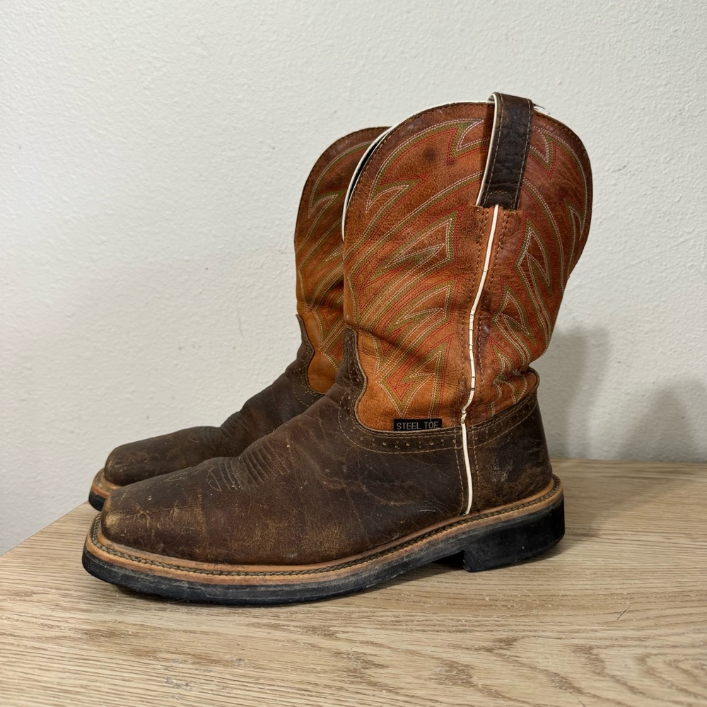Justin Cowboy Boots Brown Orange Leather Steel Toe Mens Size 10.5 EE #WK4561